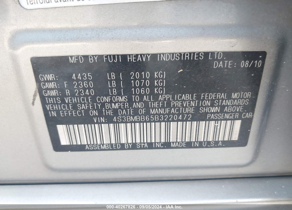 2011 SUBARU LEGACY 2.5I PREMIUM VIN: 4S3BMBB65B3220472