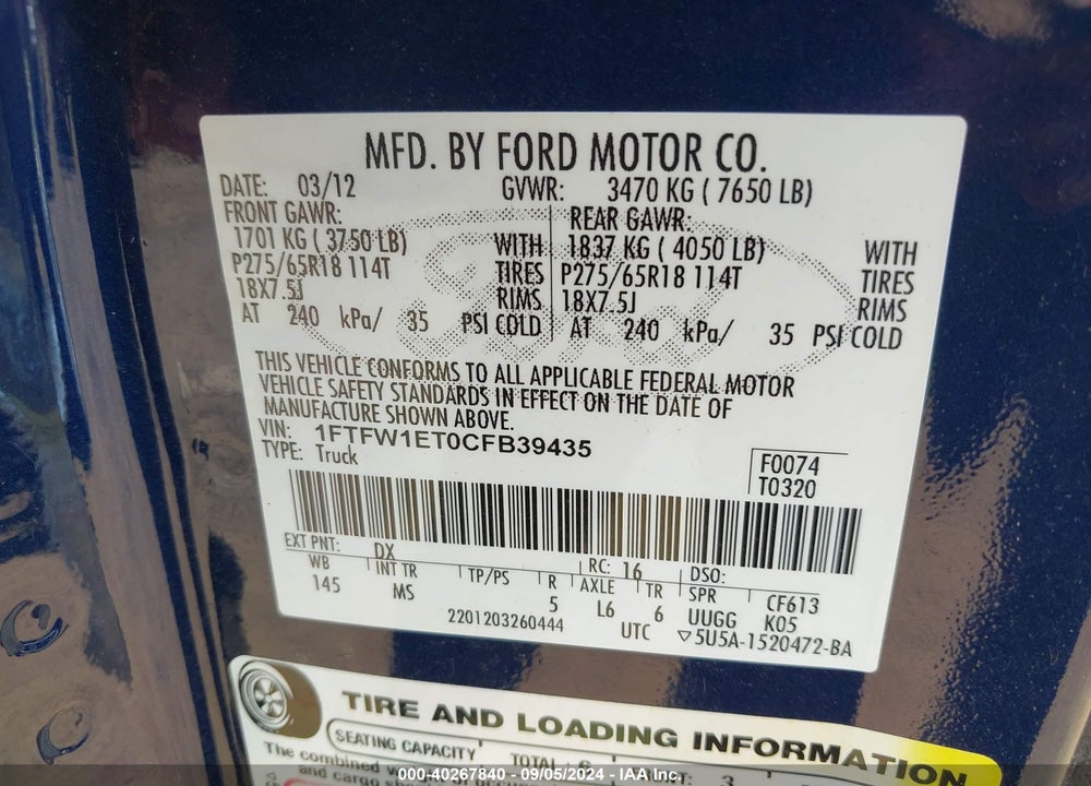 2012 FORD F-150 XLT VIN: 1FTFW1ET0CFB39435