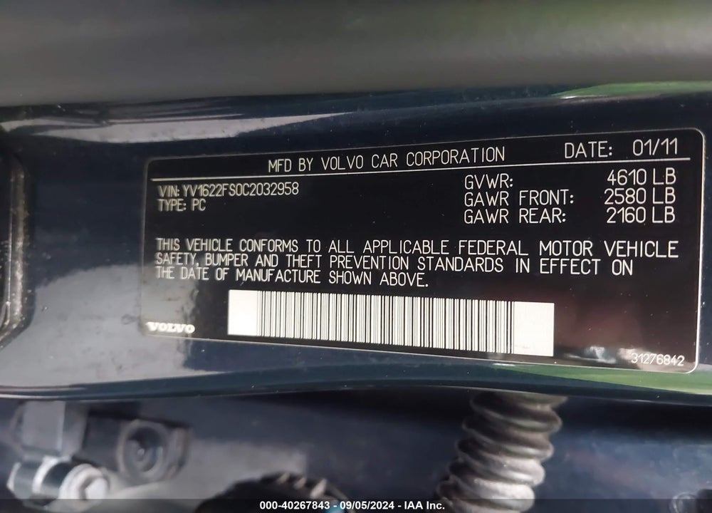 2012 VOLVO S60 T5 VIN: YV1622FS0C2032958