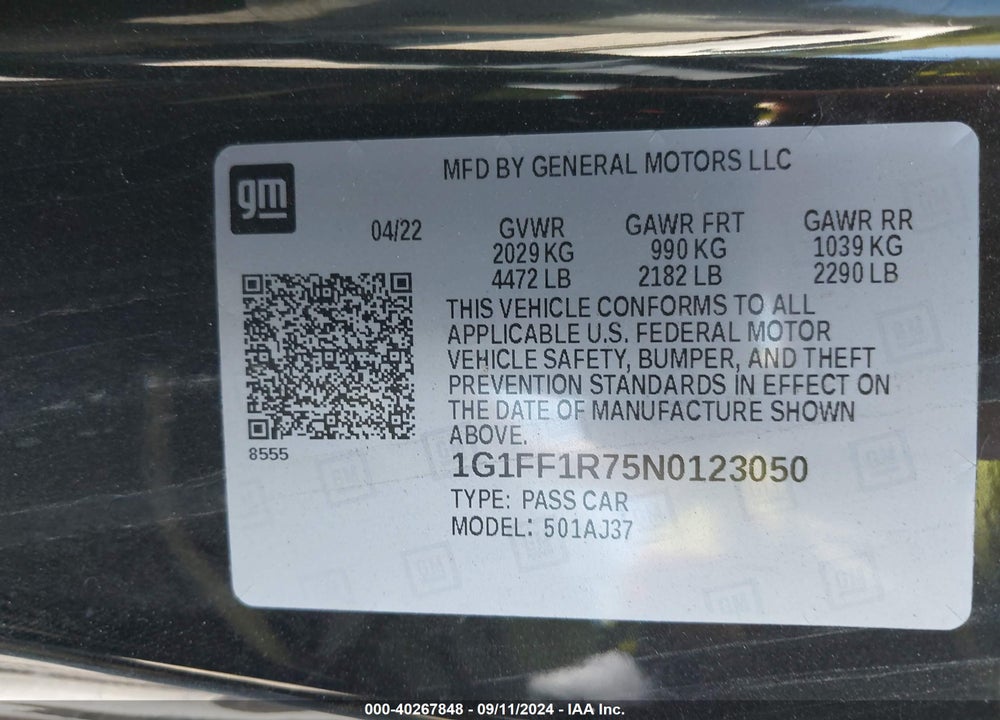 2022 CHEVROLET CAMARO RWD LT1 VIN: 1G1FF1R75N0123050