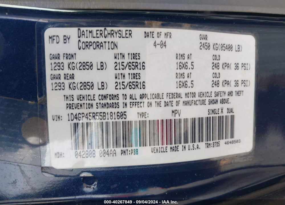 2005 DODGE CARAVAN SXT VIN: 1D4GP45R55B181605