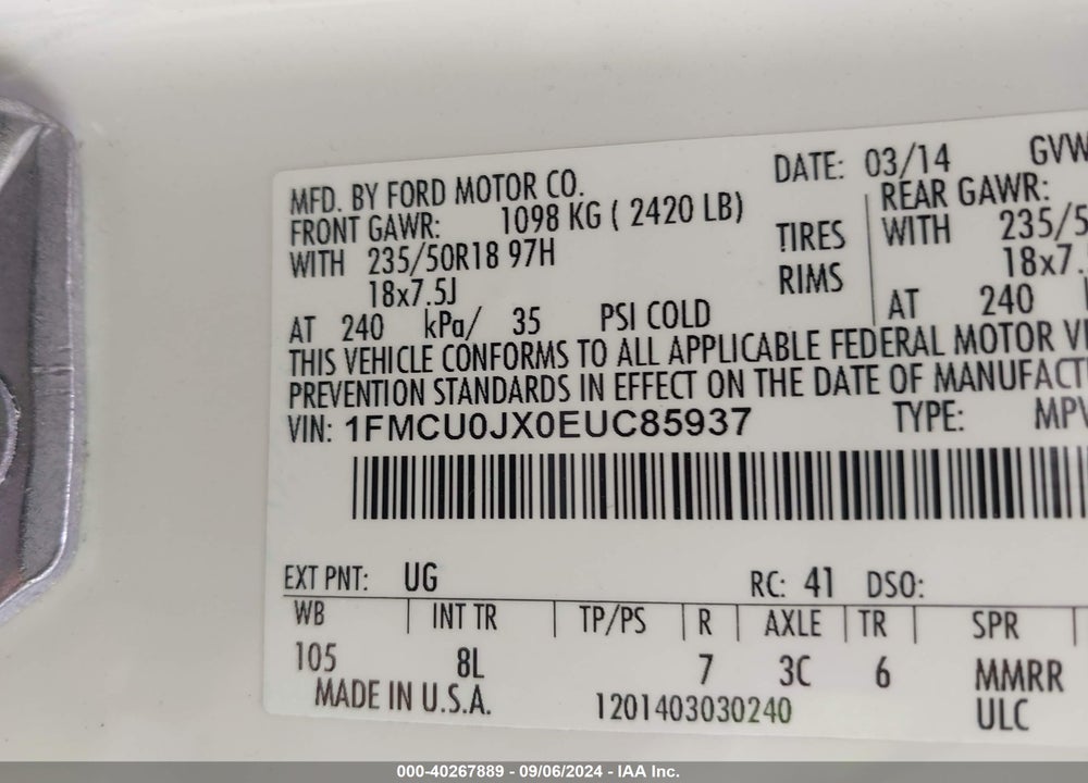 2014 FORD ESCAPE TITANIUM VIN: 1FMCU0JX0EUC85937