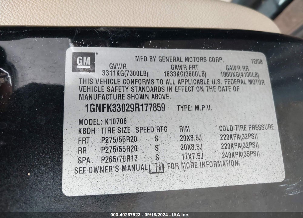 2009 CHEVROLET TAHOE LTZ VIN: 1GNFK33029R177859