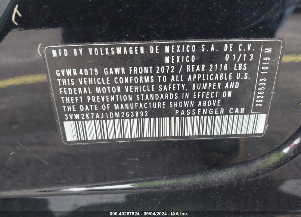 2013 VOLKSWAGEN JETTA VIN: 3VW2K7AJ1DM263892