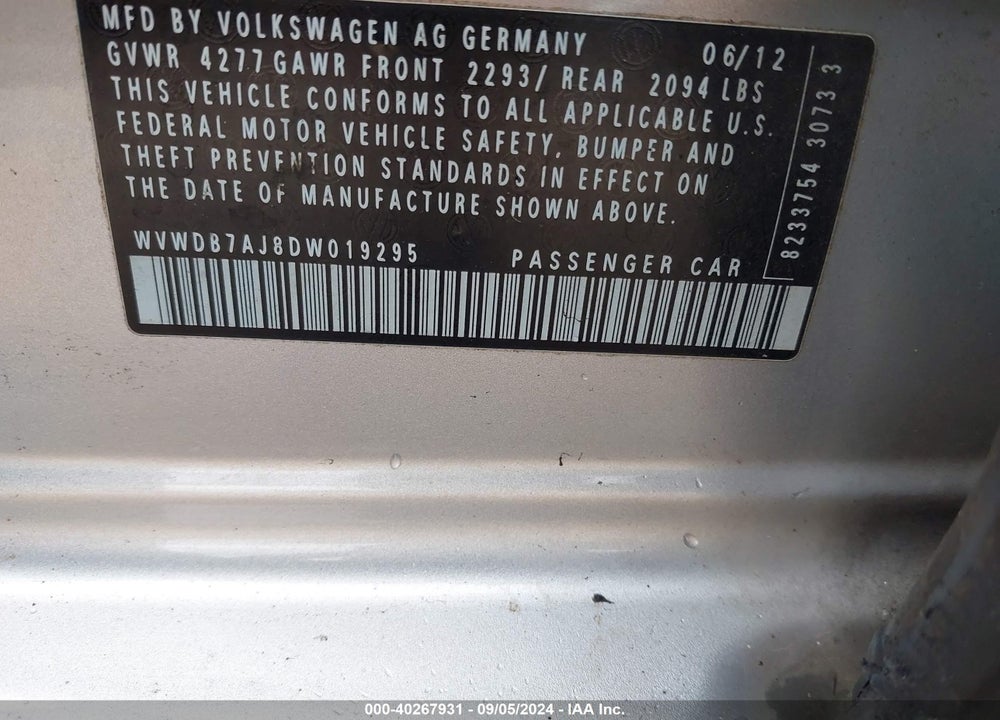 2013 VOLKSWAGEN GOLF 2.5L 4-DOOR VIN: WVWDB7AJ8DW019295