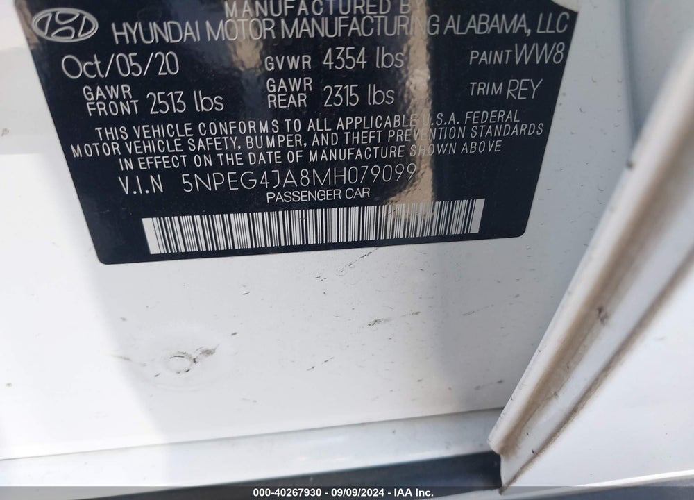 2021 HYUNDAI SONATA SE VIN: 5NPEG4JA8MH079099