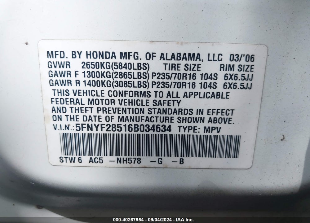 2006 HONDA PILOT EX-L VIN: 5FNYF28516B034634