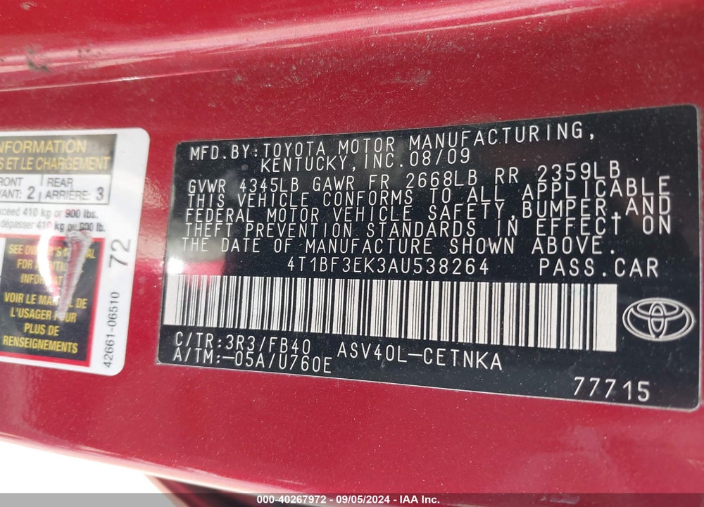 2010 TOYOTA CAMRY LE VIN: 4T1BF3EK3AU538264