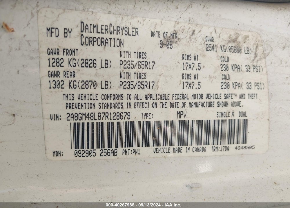 2007 CHRYSLER PACIFICA VIN: 2A8GM48L87R128679