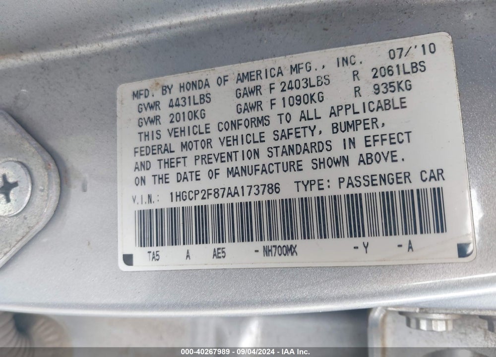 2010 HONDA ACCORD 2.4 EX-L VIN: 1HGCP2F87AA173786
