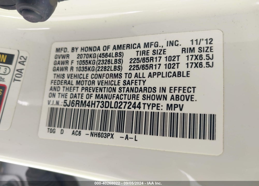 2013 HONDA CR-V EX-L VIN: 5J6RM4H73DL027244