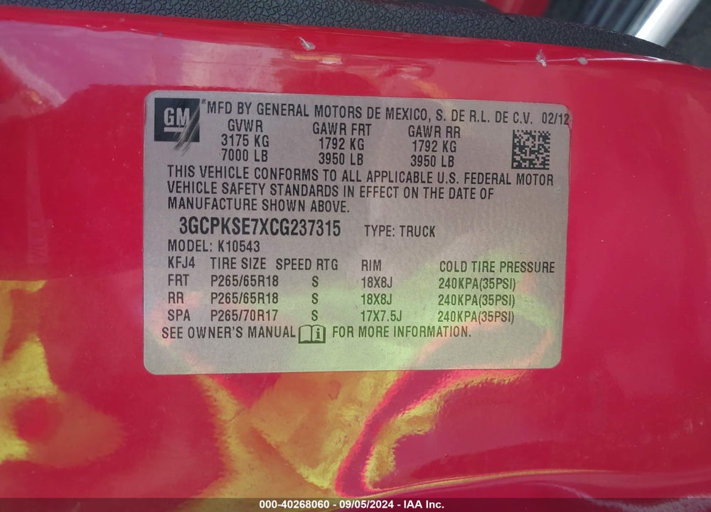 2012 CHEVROLET SILVERADO 1500 VIN: 3GCPKSE7XCG237315