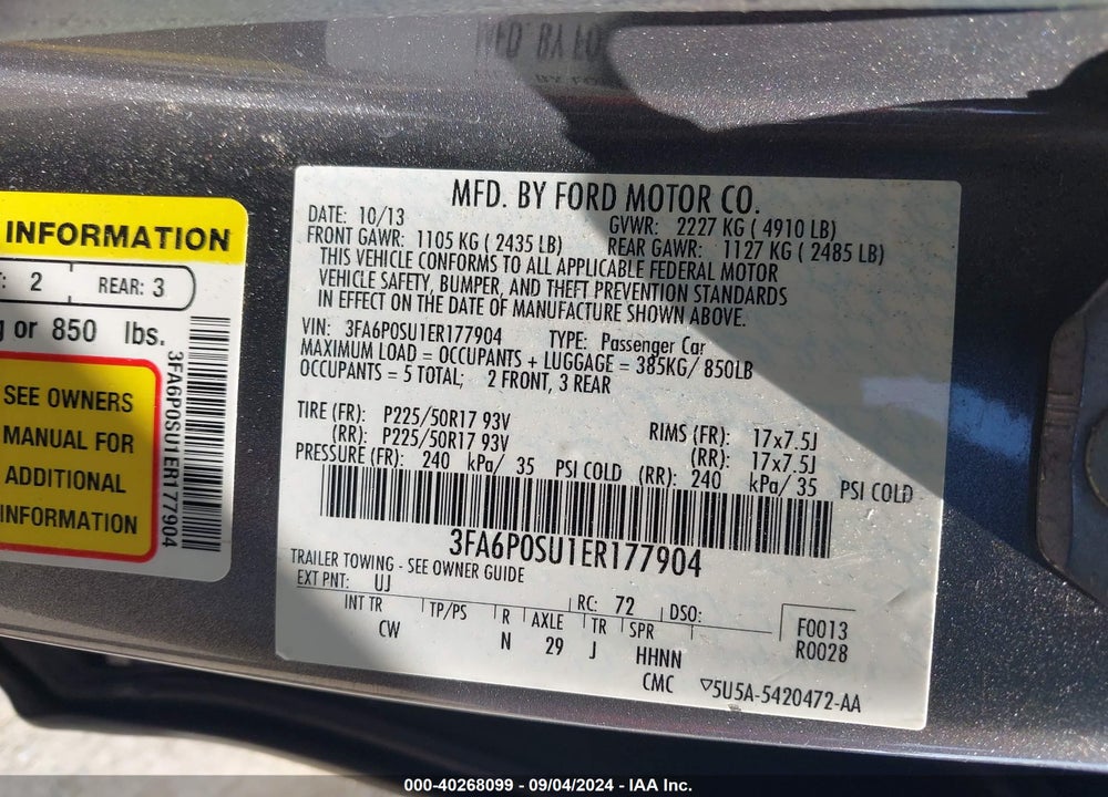 2014 FORD FUSION ENERGI TITANIUM VIN: 3FA6P0SU1ER177904