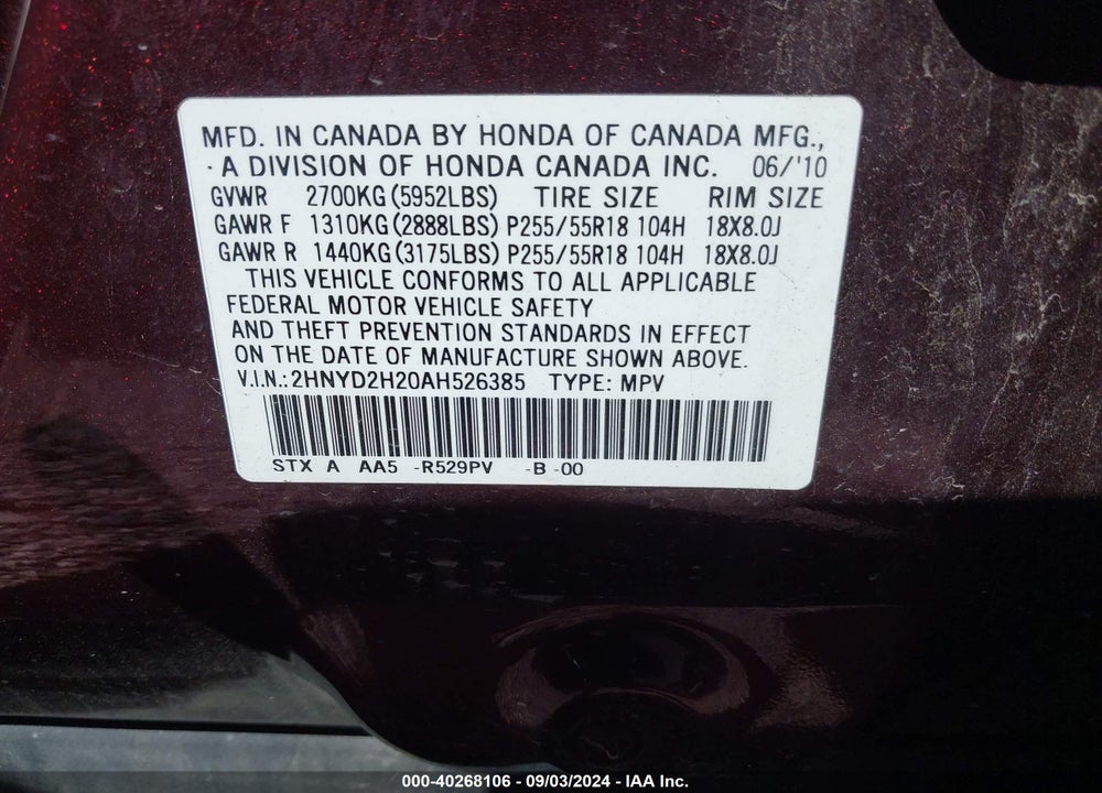 2010 ACURA MDX VIN: 2HNYD2H20AH526385