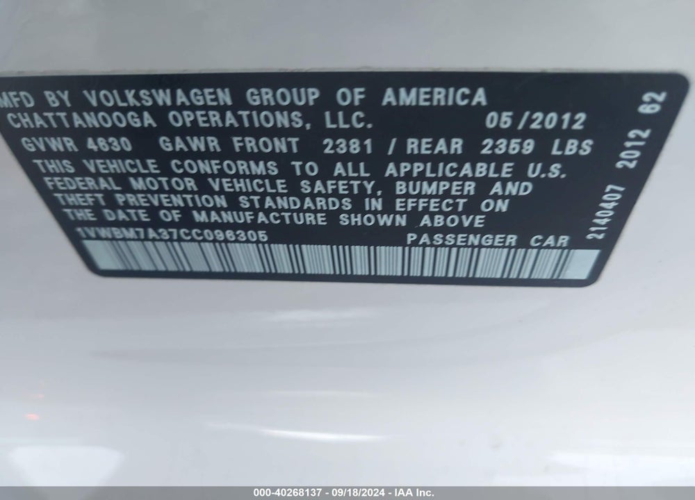 2012 VOLKSWAGEN PASSAT 3.6L V6 SE VIN: 1VWBM7A37CC096305