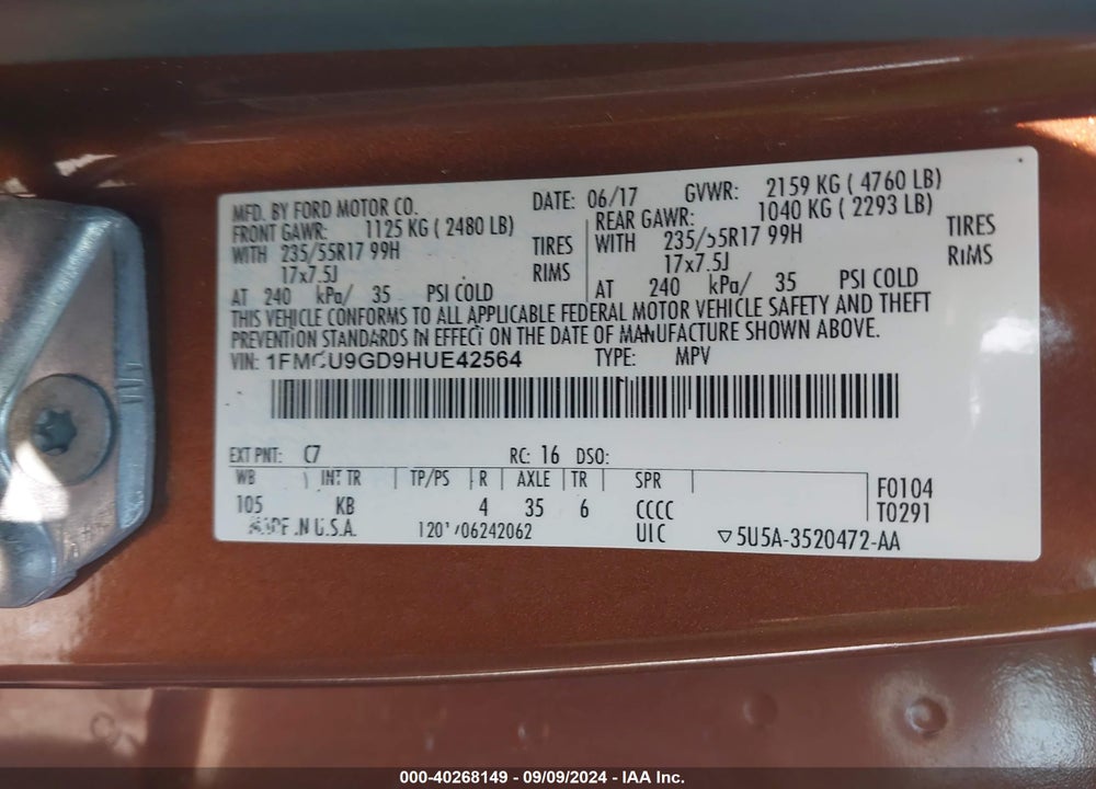 2017 FORD ESCAPE SE VIN: 1FMCU9GD9HUE42564