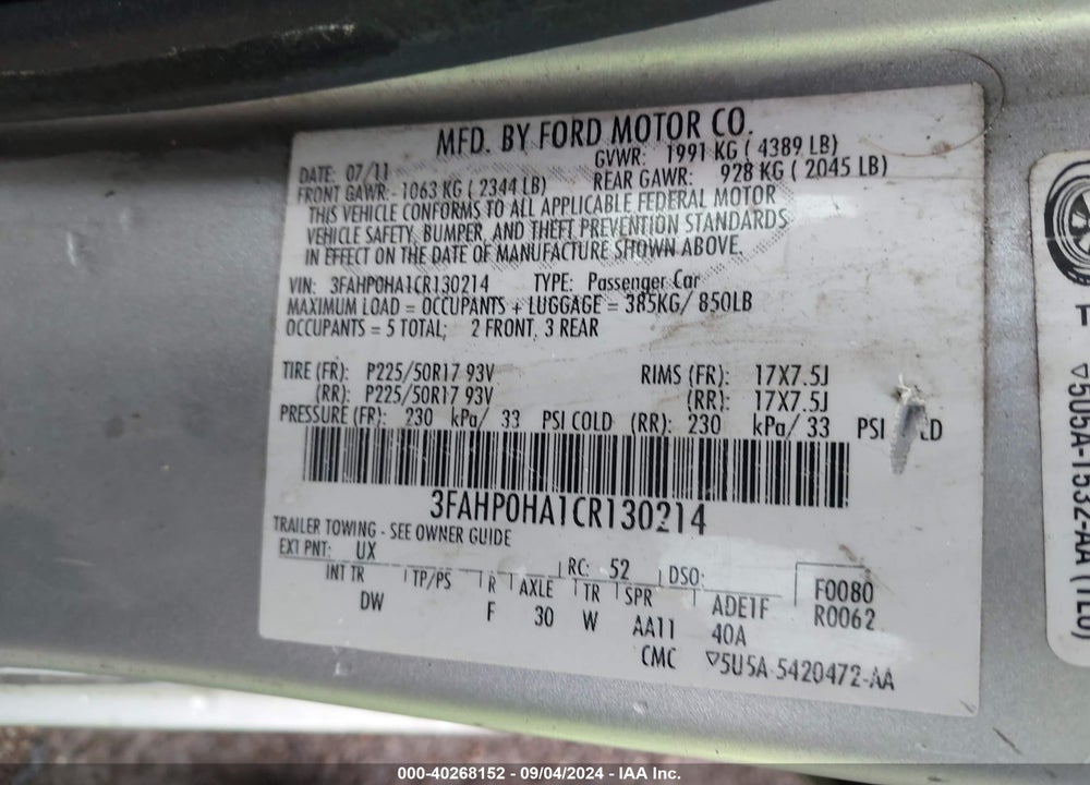 2012 FORD FUSION SE VIN: 3FAHP0HA1CR130214