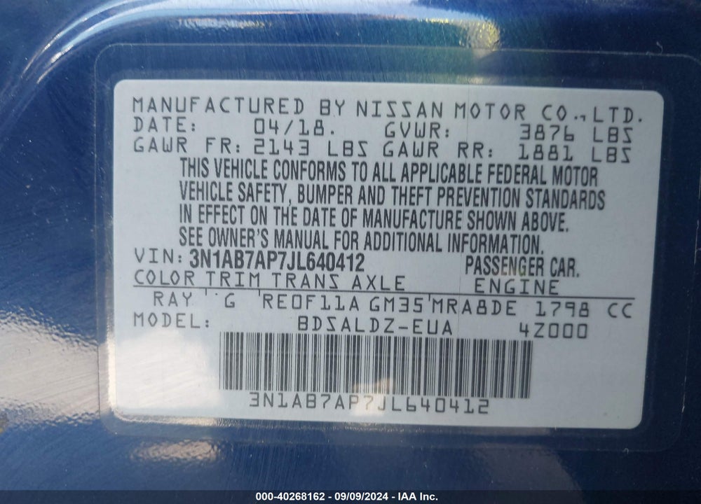 2018 NISSAN SENTRA SV VIN: 3N1AB7AP7JL640412