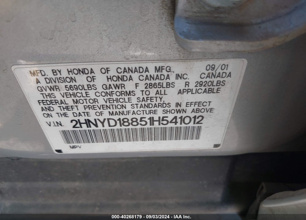 2001 ACURA MDX VIN: 2HNYD18851H541012