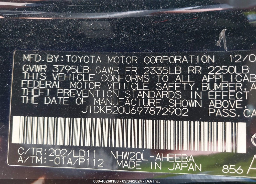 2009 TOYOTA PRIUS VIN: JTDKB20U697872902