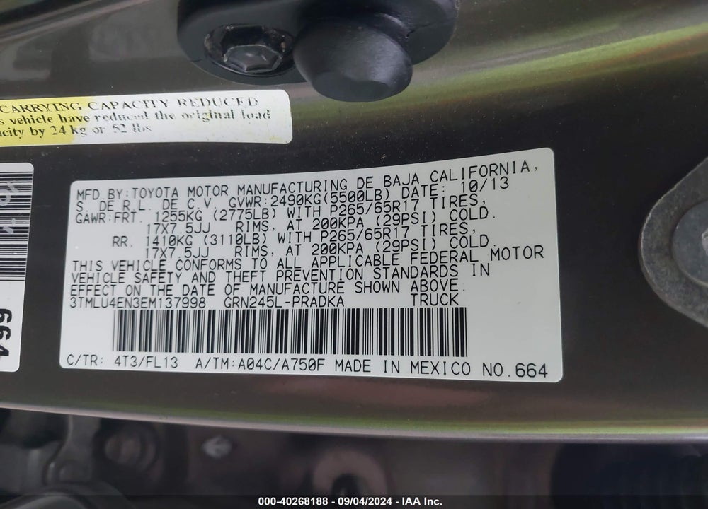 2014 TOYOTA TACOMA BASE V6 VIN: 3TMLU4EN3EM137998