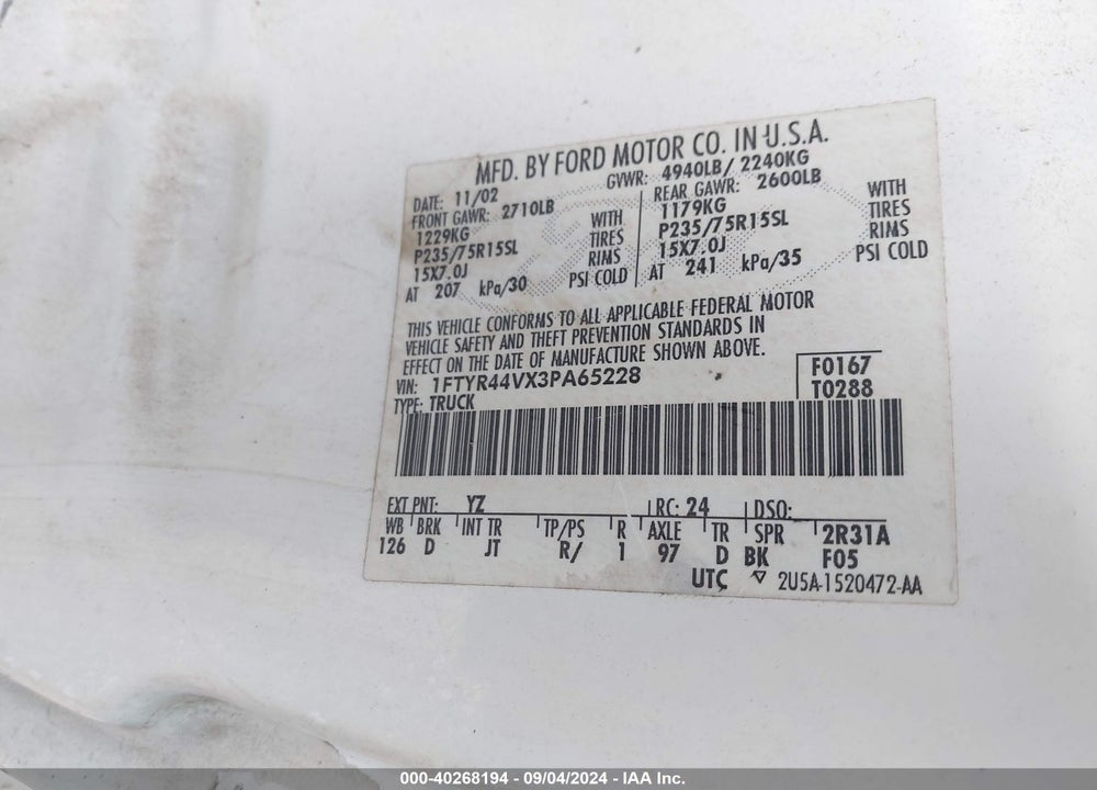 2003 FORD RANGER EDGE/TREMOR/XLT VIN: 1FTYR44VX3PA65228