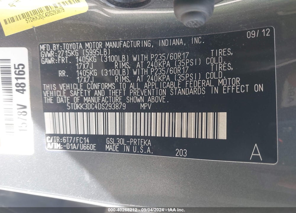 2013 TOYOTA SIENNA LE V6 8 PASSENGER VIN: 5TDKK3DC4DS293879
