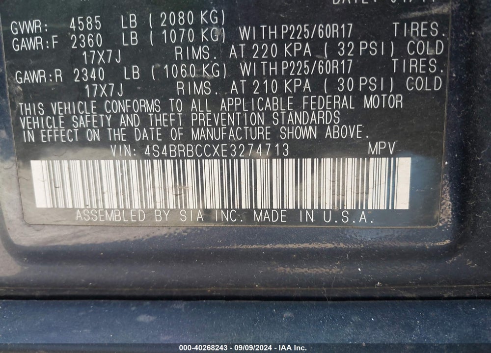 2014 SUBARU OUTBACK 2.5I PREMIUM VIN: 4S4BRBCCXE3274713