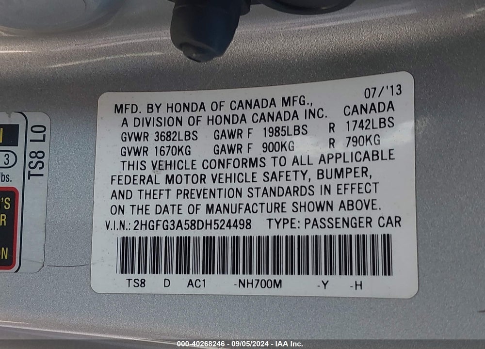 2013 HONDA CIVIC LX VIN: 2HGFG3A58DH524498