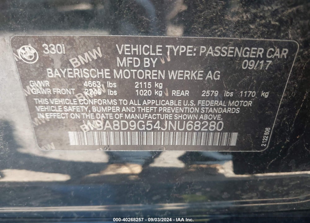 2018 BMW 330I XDRIVE VIN: WBA8D9G54JNU68280