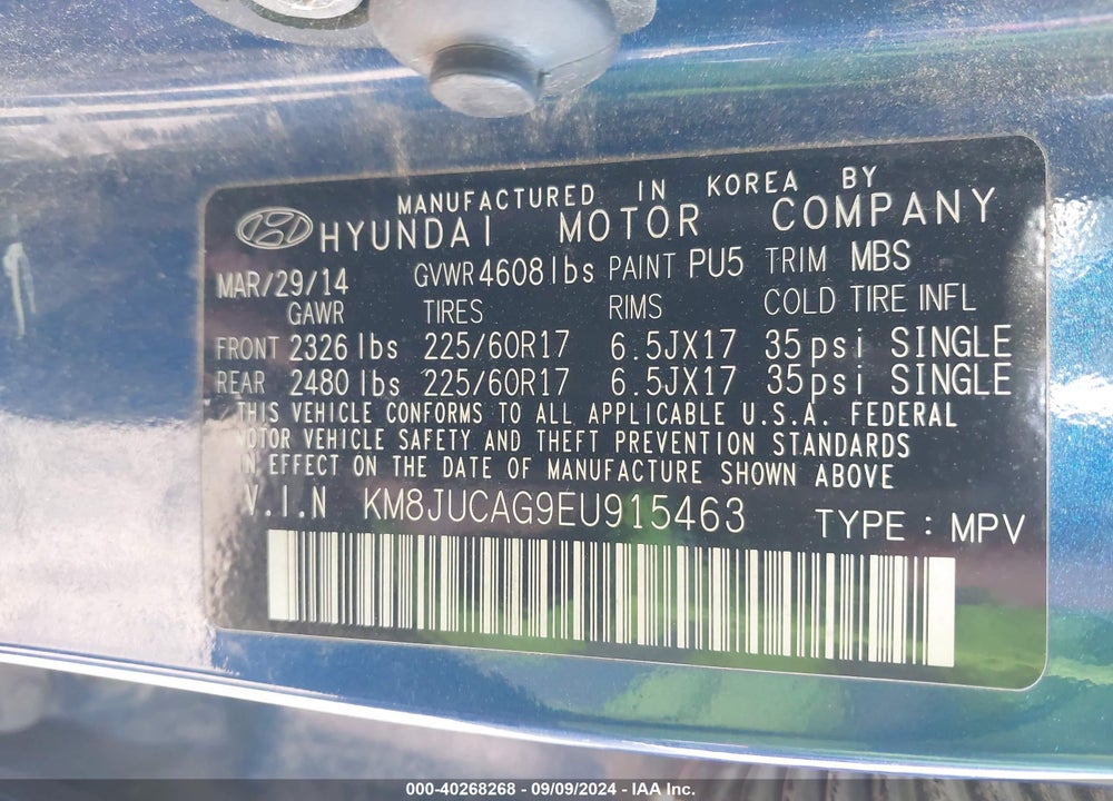 2014 HYUNDAI TUCSON SE VIN: KM8JUCAG9EU915463