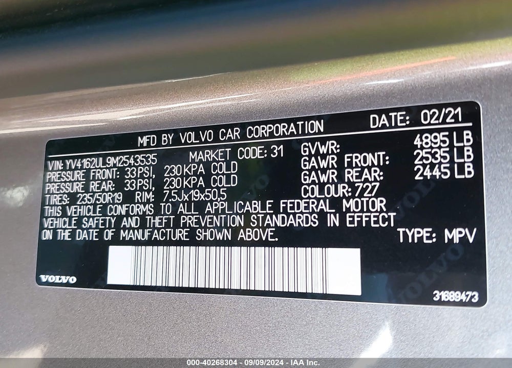 2021 VOLVO XC40 T5 INSCRIPTION VIN: YV4162UL9M2543535