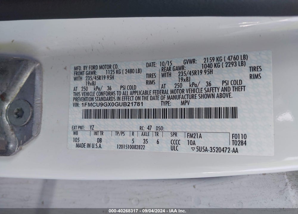 2016 FORD ESCAPE SE VIN: 1FMCU9GX0GUB21781