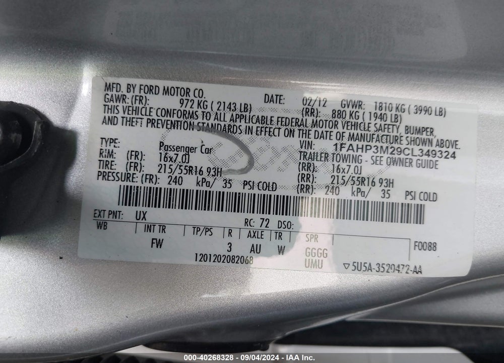 2012 FORD FOCUS VIN: 1FAHP3M29CL349324