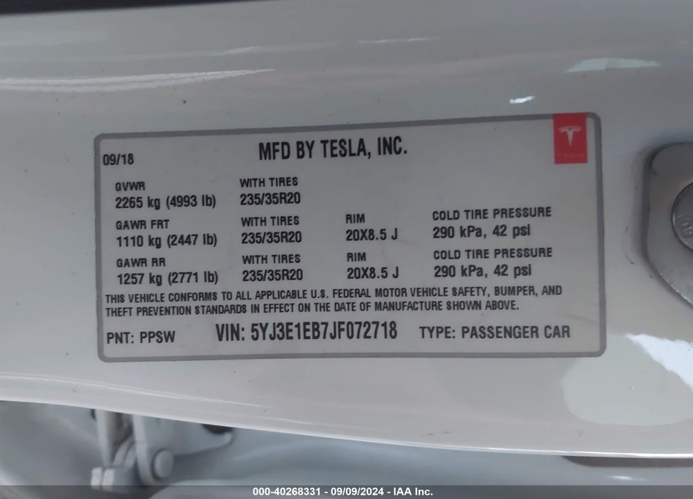 2018 TESLA MODEL 3 LONG RANGE/PERFORMANCE VIN: 5YJ3E1EB7JF072718
