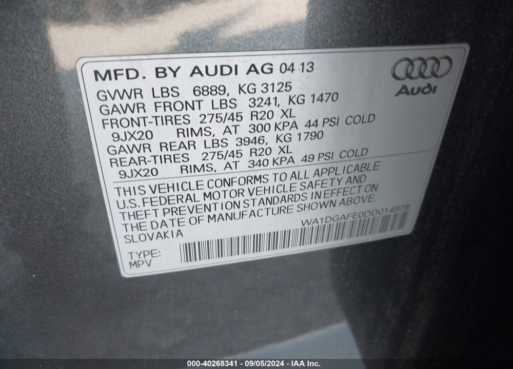 2013 AUDI Q7 3.0T S LINE PRESTIGE VIN: WA1DGAFE0DD014978