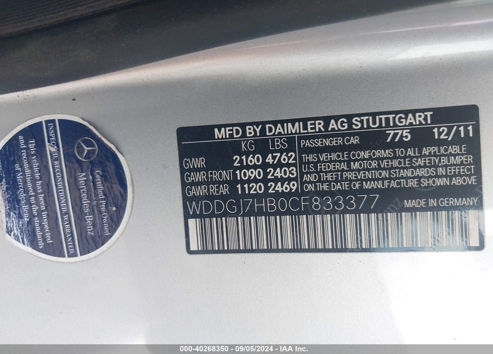 2012 MERCEDES-BENZ C 63 AMG VIN: WDDGJ7HBOCF833377