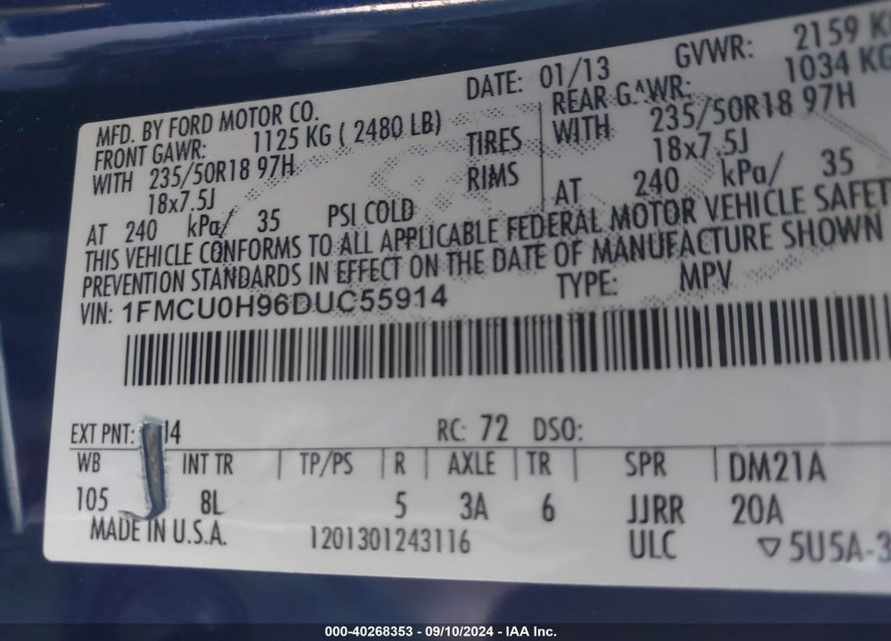 2013 FORD ESCAPE SEL VIN: 1FMCU0H96DUC55914