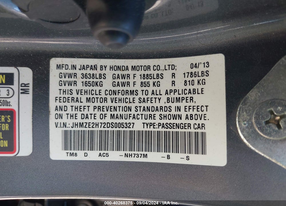 2013 HONDA INSIGHT EX VIN: JHMZE2H72DS005327