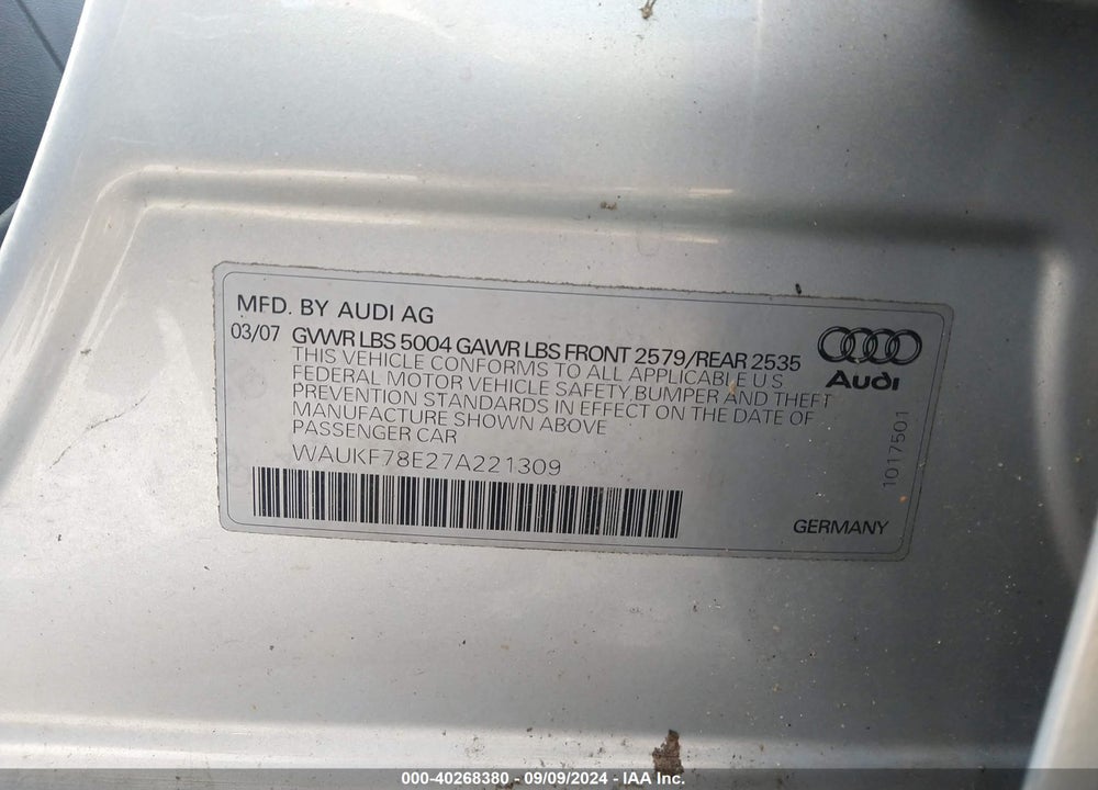 2007 AUDI A4 2.0T AVANT VIN: WAUKF78E27A221309