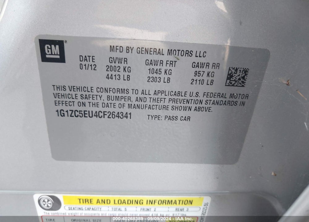2012 CHEVROLET MALIBU 1LT VIN: 1G1ZC5EU4CF264341