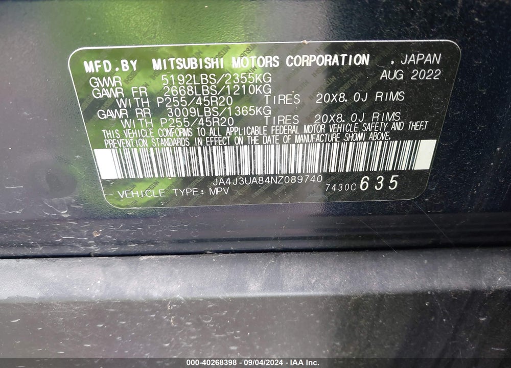 2022 MITSUBISHI OUTLANDER BLACK EDITION 2WD/SE 2.5 2WD/SE LAUNCH EDITION 2WD VIN: JA4J3UA84NZ089740