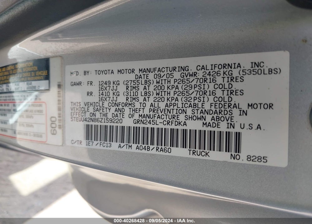 2006 TOYOTA TACOMA VIN: 5TEUU42N86Z159220