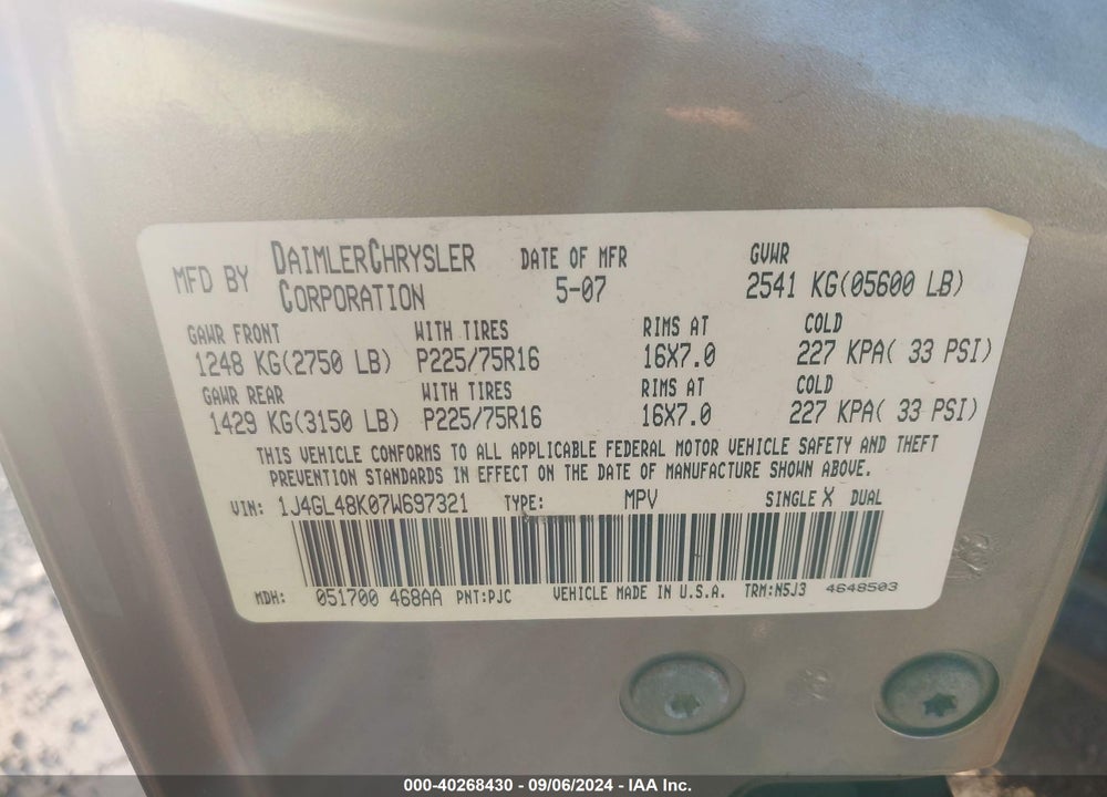 2007 JEEP LIBERTY SPORT VIN: 1J4GL48K07W697321