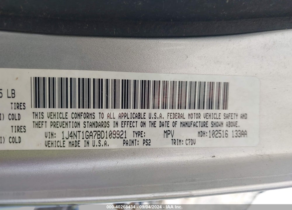 2011 JEEP PATRIOT VIN: 1J4NT1GA7BD109921