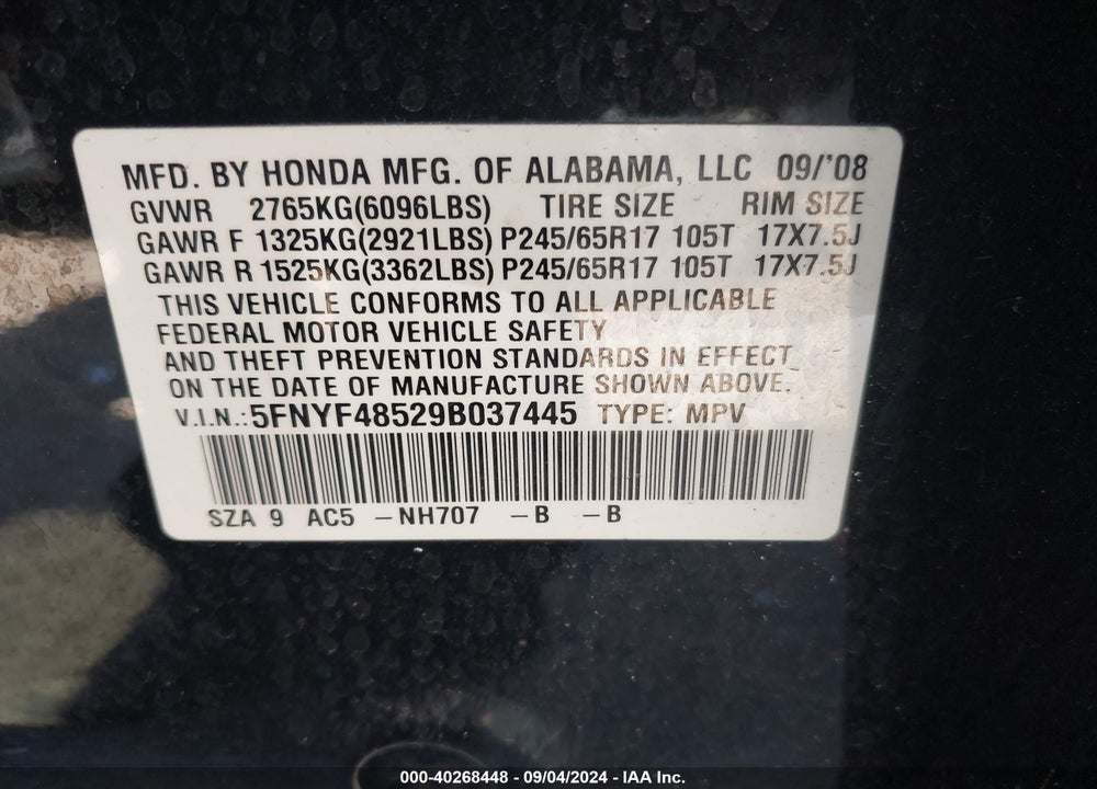 2009 HONDA PILOT VIN: 5FNYF48529B037445