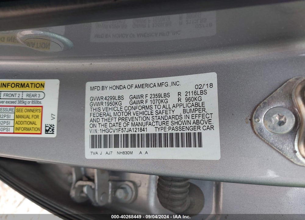 2018 HONDA ACCORD EX-L VIN: 1HGCV1F57JA121841