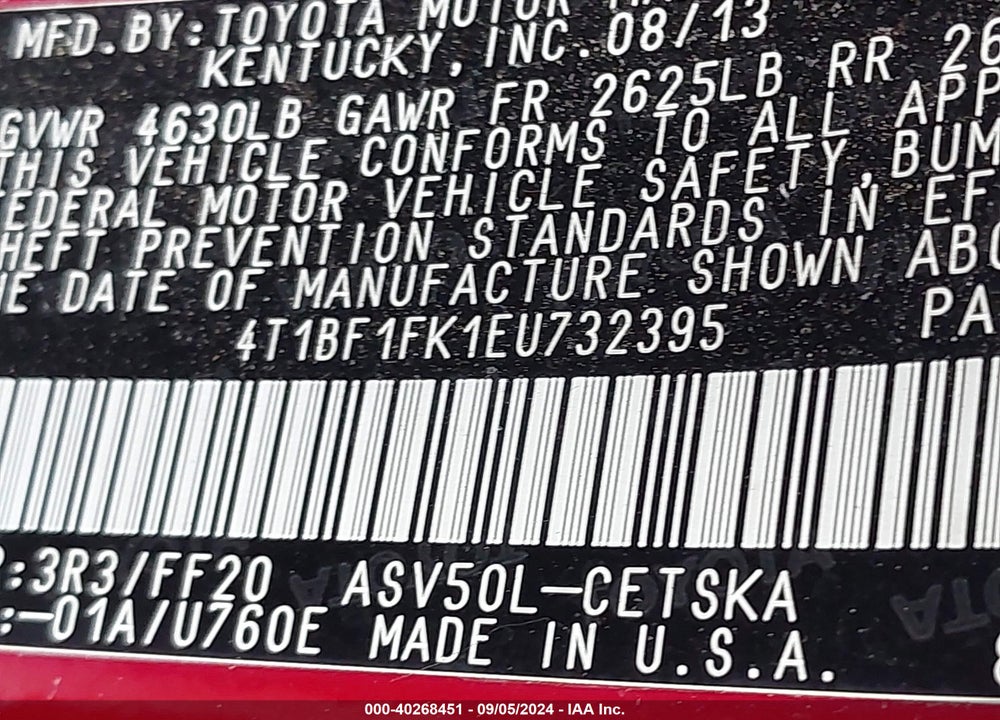 2014 TOYOTA CAMRY SE VIN: 4T1BF1FK1EU732395