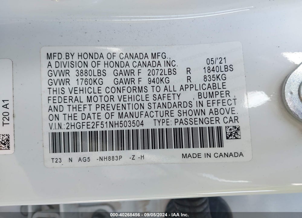 2022 HONDA CIVIC SPORT VIN: 2HGFE2F51NH503504