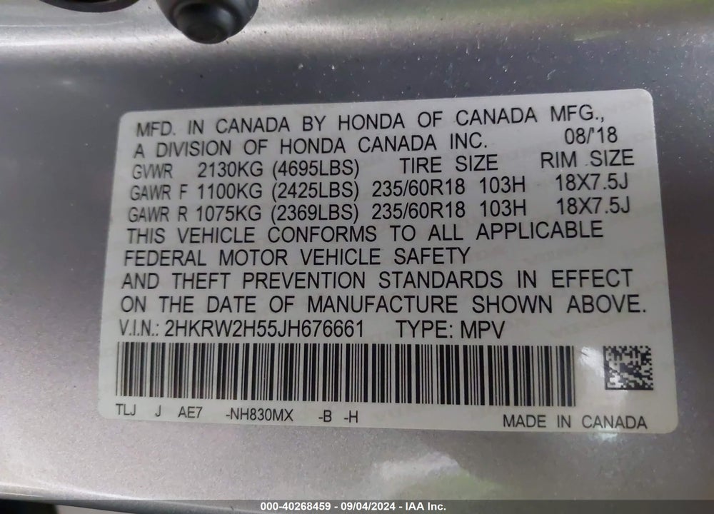 2018 HONDA CR-V EX VIN: 2HKRW2H55JH676661